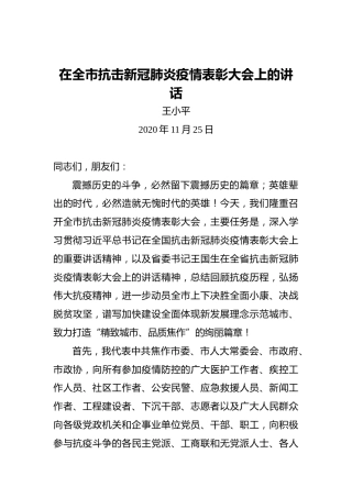 王小平：在全市抗击新冠肺炎疫情表彰大会上的讲话