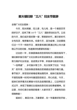 那大镇妇联“三八”妇女节致辞