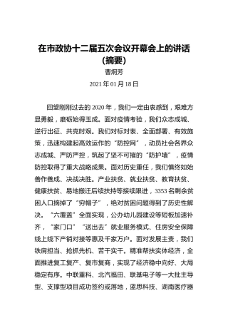 曹炯芳：在市政协十二届五次会议开幕会上的讲话（摘要）
