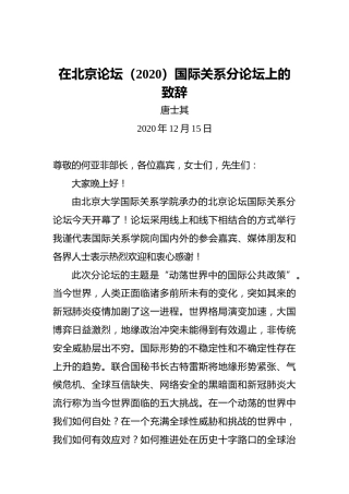 唐士其：在北京论坛（2020）国际关系分论坛上的致辞
