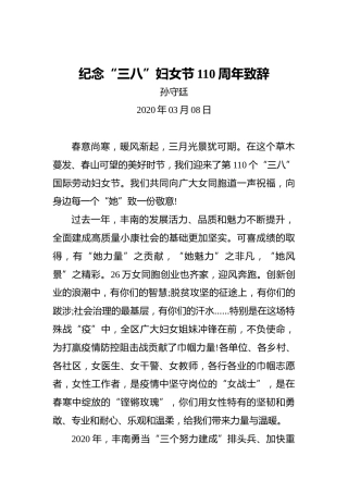 孙守廷：纪念“三八”妇女节110周年致辞