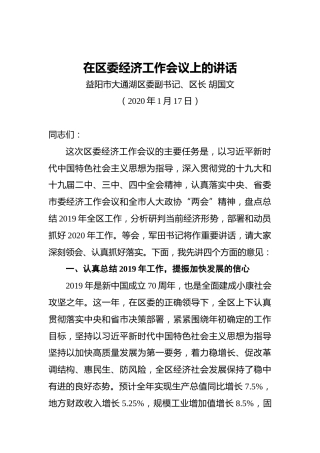 区委副书记、区长在区委经济工作会议上的讲话