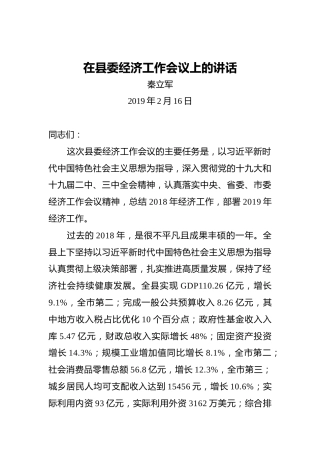 秦立军：在县委经济工作会议上的讲话