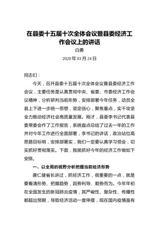白勇：在县委十五届十次全体会议暨县委经济工作会议上的讲话