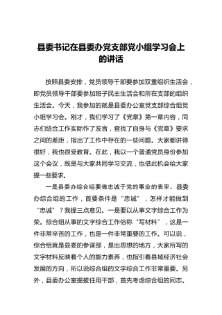 县委书记在县委办党支部党小组学习会上的讲话