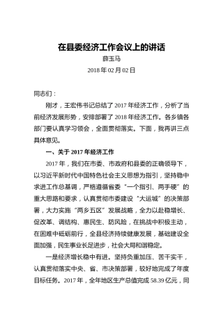 薛玉马：在县委经济工作会议上的讲话