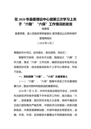 杨春高：在2020年县委理论中心组第三次学习上关于“六稳”“六保”工作情况的发言
