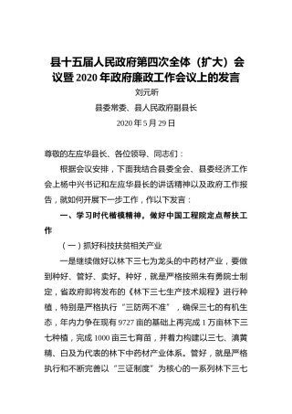 刘元昕：县十五届人民政府第四次全体（扩大）会议暨2020年政府廉政工作会议上的发言