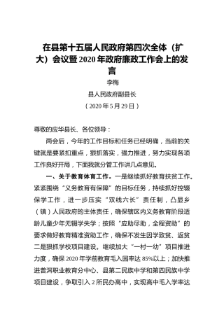 李梅：在县第十五届人民政府第四次全体（扩大）会议暨2020年政府廉政工作会上的发言
