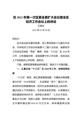 王显志：在2021年第一次区委全委扩大会议暨全区经济工作会议上的讲话
