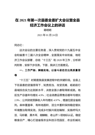 蒋明明：在2021年第一次县委全委扩大会议暨全县经济工作会议上的讲话