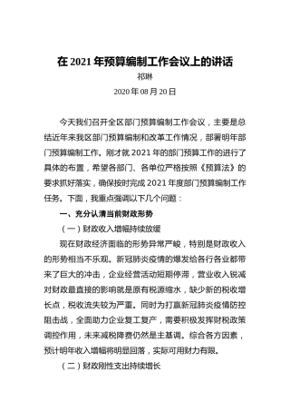 祁琳：在2021年预算编制工作会议上的讲话