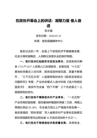 张文强在政协开幕会上的讲话：凝聚力量催人奋进（20200525）