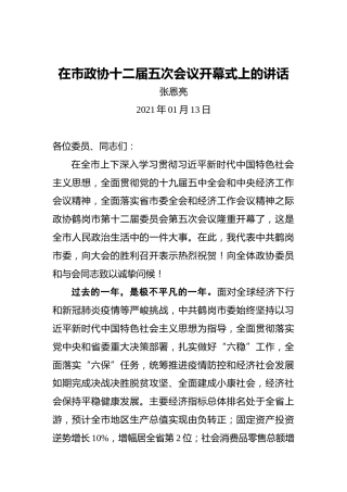 张恩亮：在市政协十二届五次会议开幕式上的讲话(20210113)