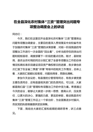 在全县深化农村集体“三资”管理突出问题专项整治调度会上的讲话