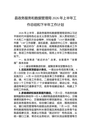 县政务服务和数据管理局2026年上半年工作总结和下半年工作计划