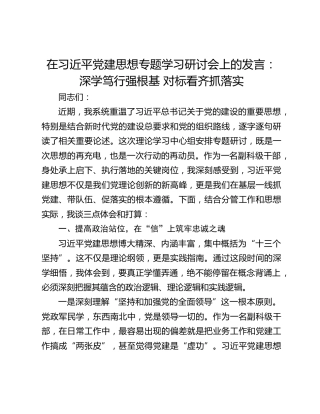 在习近平党建思想专题学习研讨会上的发言：深学笃行强根基 对标看齐抓落实