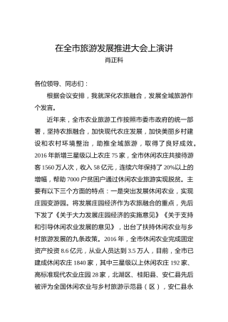 肖正科：在全市旅游发展推进大会上演讲