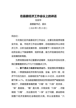 左应华：在县委经济工作会议上的讲话