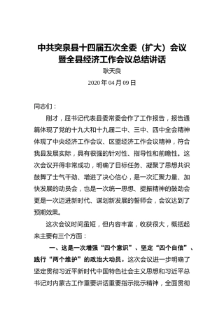 耿天良：中共突泉县十四届五次全委（扩大）会议暨全县经济工作会议总结讲话
