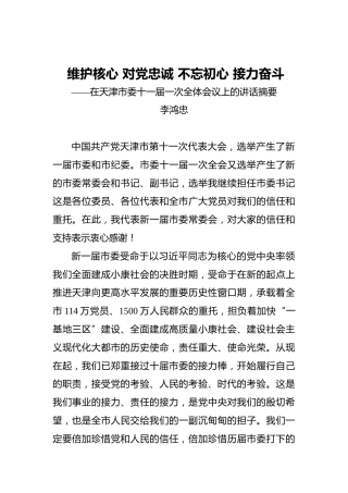 李鸿忠：维护核心对党忠诚不忘初心接力奋斗——在天津市委十一届一次全体会议上的讲话摘要