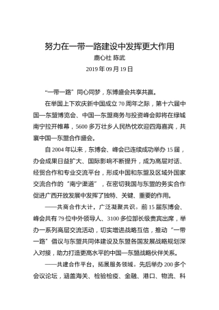 鹿心社陈武：努力在一带一路建设中发挥更大作用