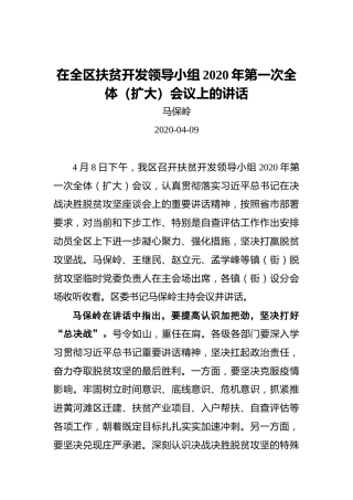马保岭：在全区扶贫开发领导小组2020年第一次全体（扩大）会议上的讲话