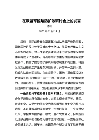 傅聪：在欧盟军控与防扩散研讨会上的发言