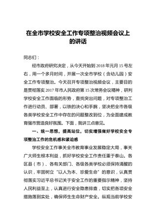 在全市学校安全工作专项整治视频会议上的讲话