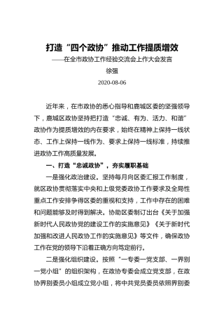 徐强：打造“四个政协”推动工作提质增效——在全市政协工作经验交流会上作大会发言