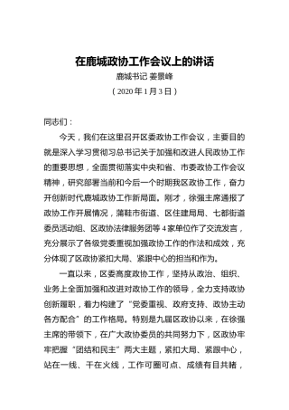 姜景峰：在鹿城政协工作会议上的讲话