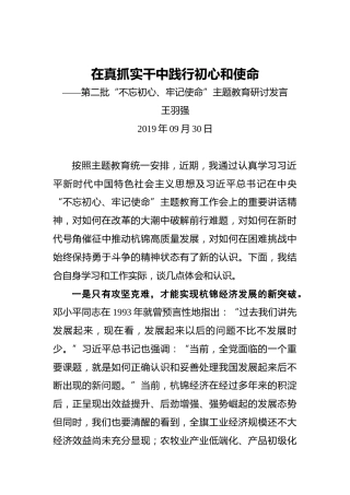 王羽强：在真抓实干中践行初心和使命——第二批“不忘初心、牢记使命”主题教育研讨发言