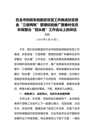 王刚：在全市财政系统脱贫攻坚工作推进扶贫资金“三级两账”管理经验推广暨秦岭生态环保整治“回头看”工作会议上的讲话