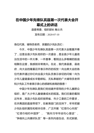 鲍士杰：在中国少年先锋队宾县第一次代表大会开幕式上的讲话（20200710）