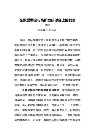 傅聪：在欧盟军控与防扩散研讨会上的发言（20201114）