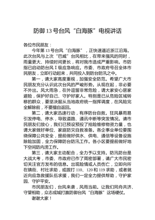 防御13号台风“白海豚”电视讲话