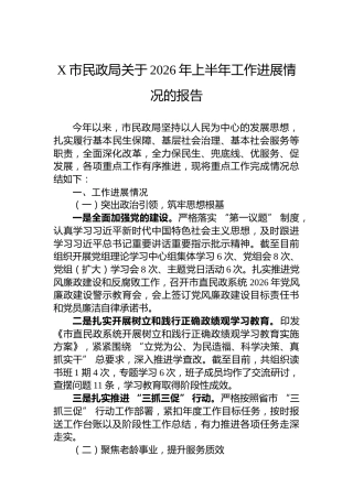 X市民政局关于2026年上半年工作进展情况的报告