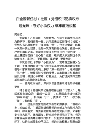 在全区新任村（社区）党组织书记廉政专题党课：守好小微权力筑牢廉洁根基