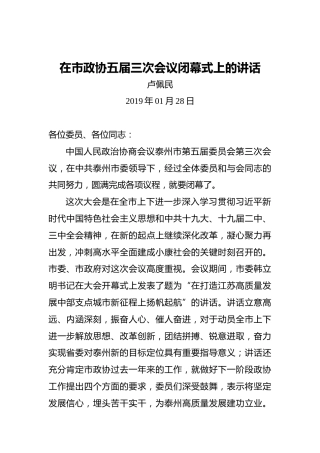 卢佩民：在市政协五届三次会议闭幕式上的讲话