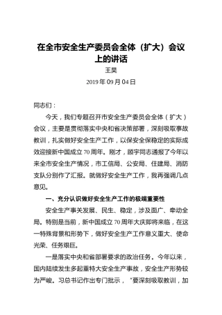 王昊：在全市安全生产委员会全体（扩大）会议上的讲话