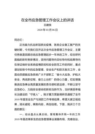 王建良：在全市应急管理工作会议上的讲话