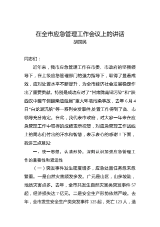 胡国民：在全市应急管理工作会议上的讲话