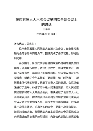 王革冰：在市五届人大六次会议第四次全体会议上的讲话