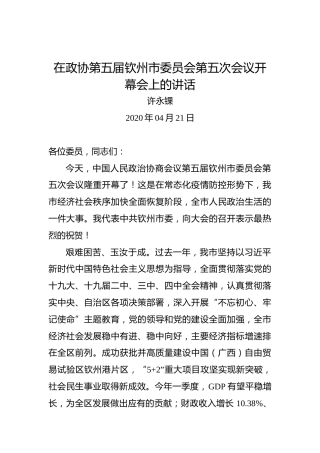 许永锞：在政协第五届钦州市委员会第五次会议开幕会上的讲话