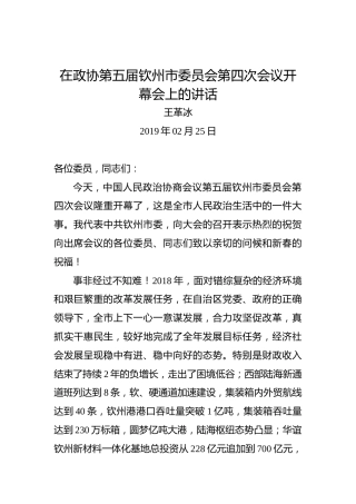 王革冰：在政协第五届钦州市委员会第四次会议开幕会上的讲话