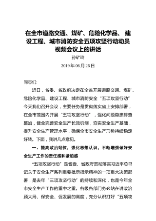 孙矿玲：在全市道路交通、煤矿、危险化学品、建设工程、城市消防安全五项攻坚行动动员视频会议上的讲话