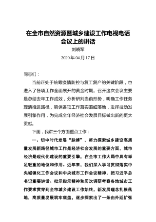 刘晓军：在全市自然资源暨城乡建设工作电视电话会议上的讲话