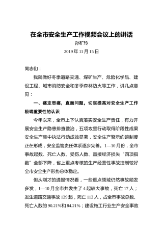 孙矿玲：在全市安全生产工作视频会议上的讲话