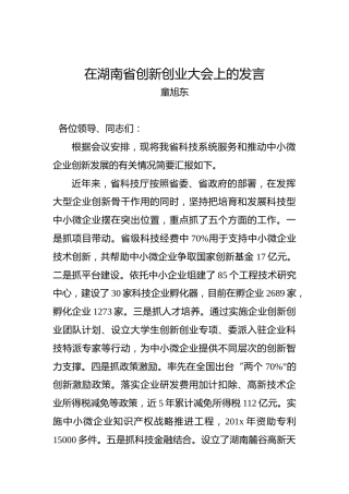 童旭东：在湖南省创新创业大会上的发言