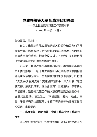 党建领航铸大爱担当为民打先锋——汶上县民政局党建工作交流材料